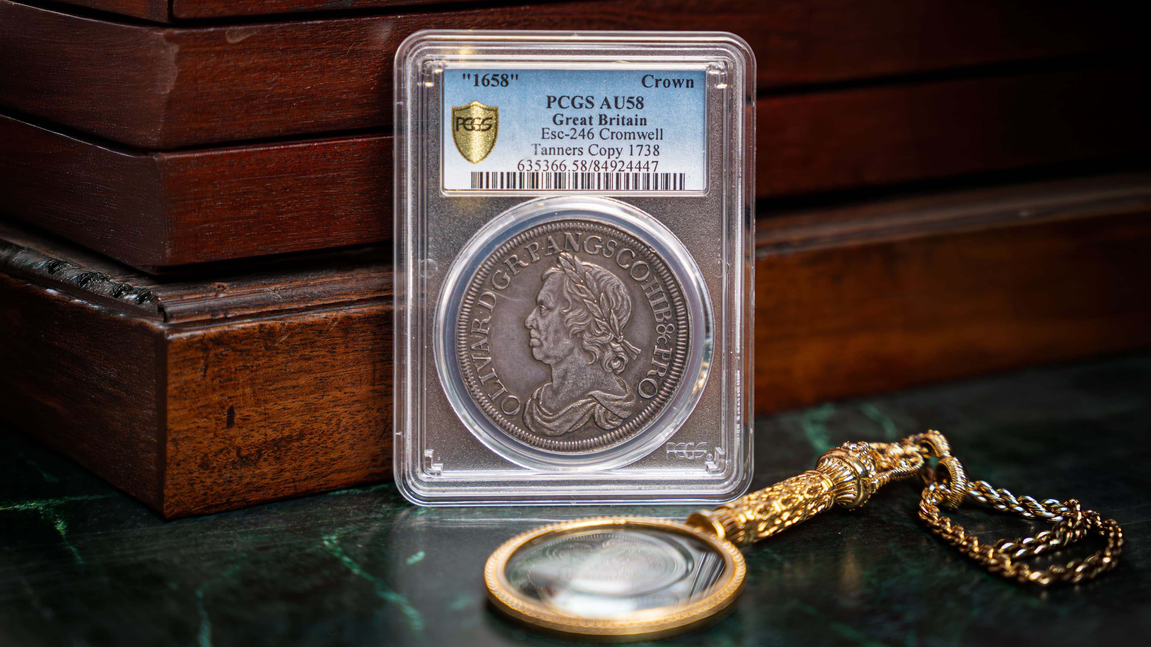 1658 Tanners Copy Cromwell Crown – PCGS AU58 – Finest Graded